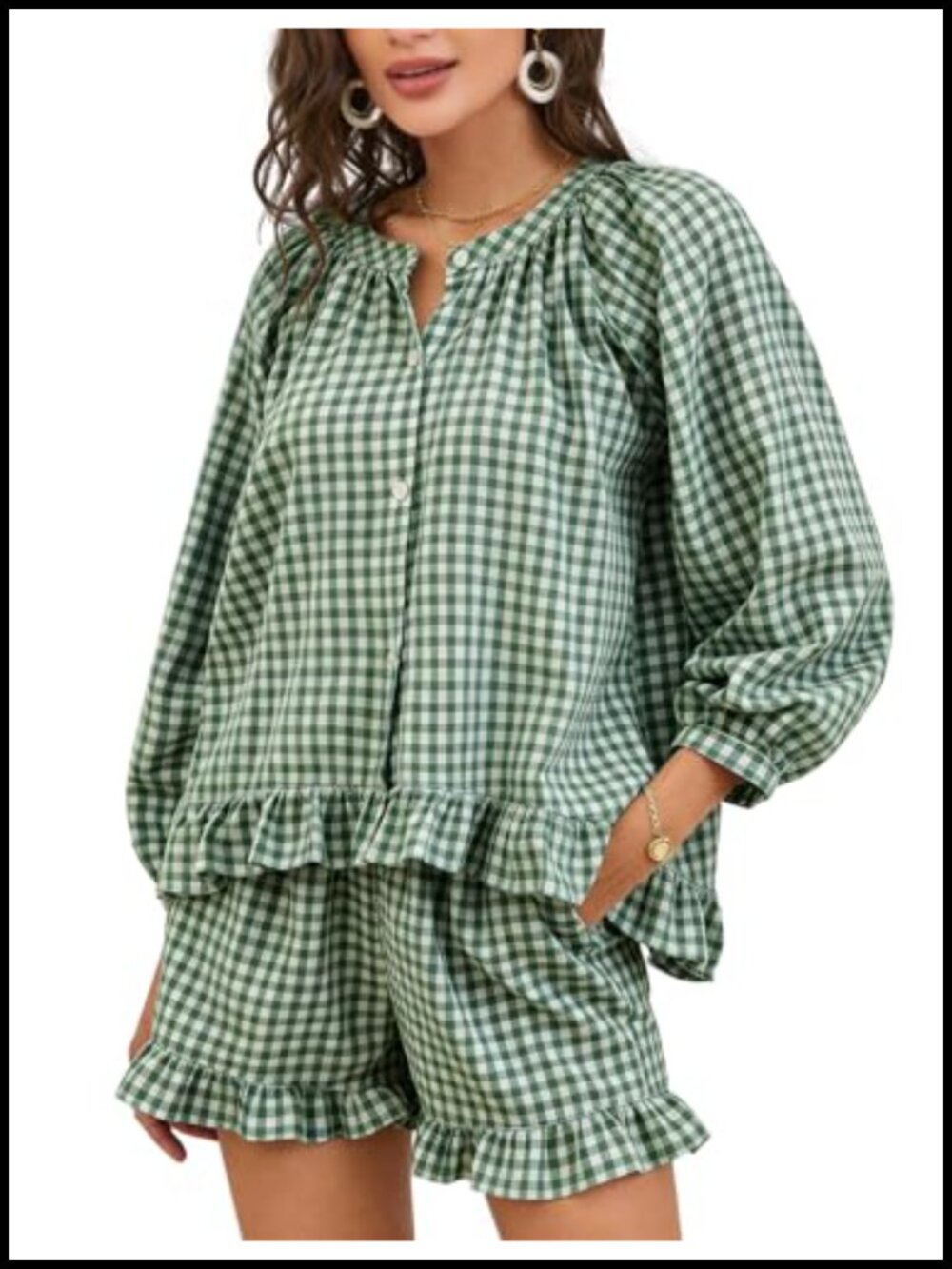 100% Cotton Gingham Pajama Set Ruffle Shorts & Top
